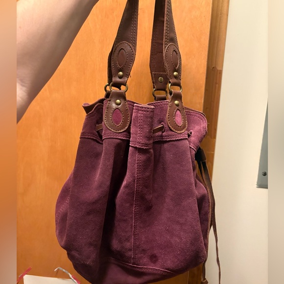 Lucky Brand Handbags - Lucky Brand Plum Suede Bucket Shoulder Bag with Brown Trim